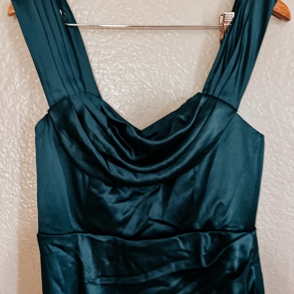 Stunning Arrival Dark Teal Satin Off-The-Shoulder Maxi Dress - Picture 3 of 5